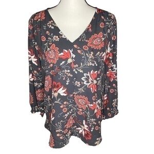 LOFT Top Gray Floral Print V Neck Three Quarter Sleeve Ruffle Cuff Blouse Size M